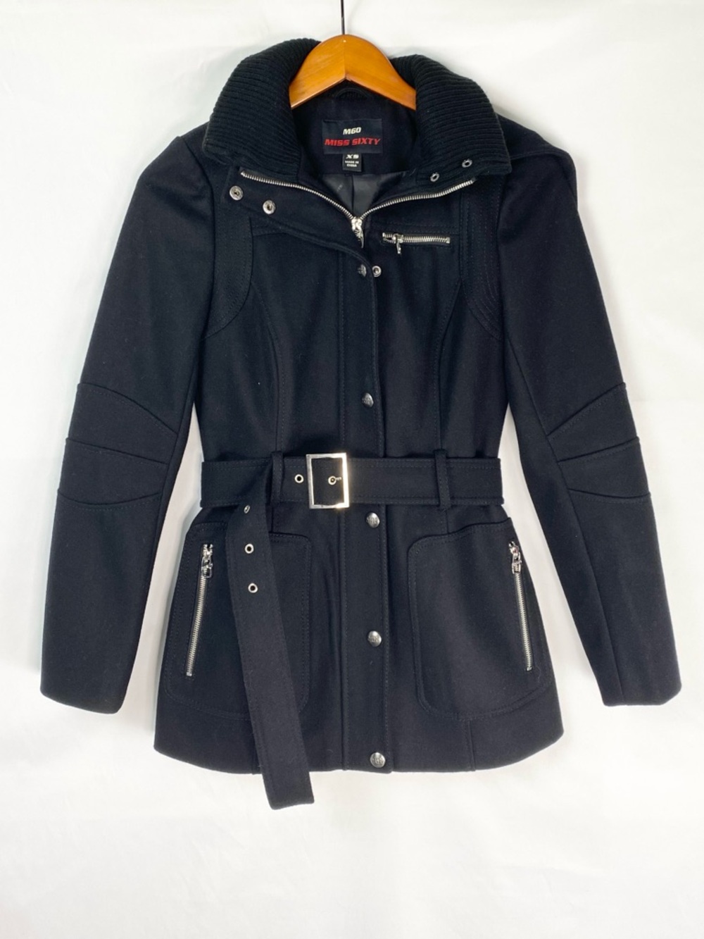 Miss Sixty Belted Jacket Trench Coat Wool Black Zip Up Button Hooded Size xs